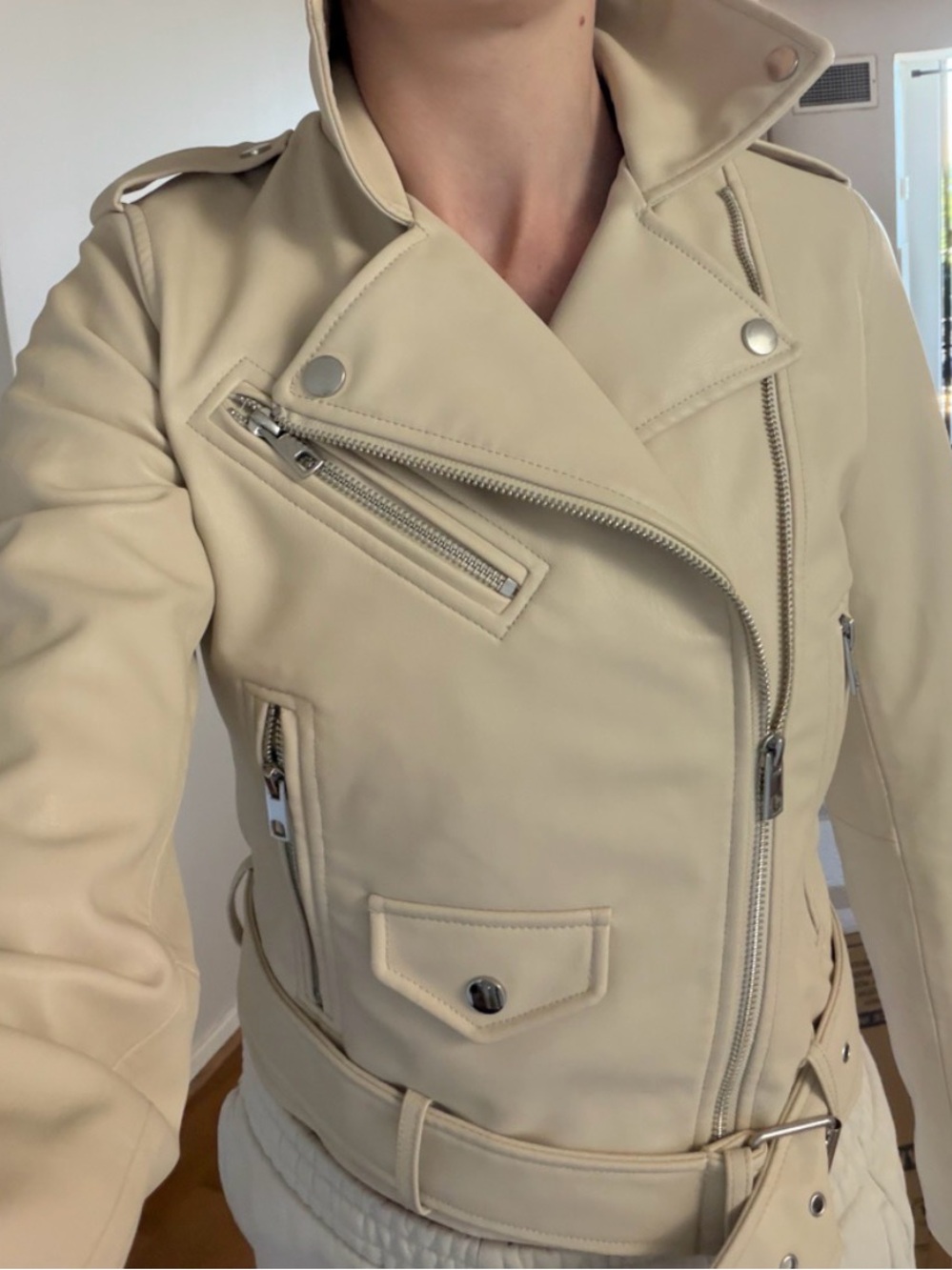 Zara Cream Biker Jacket with Asymmetric Zip - Picture 6 of 7